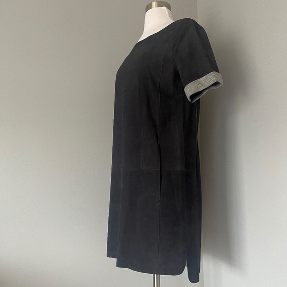 VINCE Navy Bonded Suede Night Out Navy Shift High Low Goat Leather Dress - Picture 4 of 15